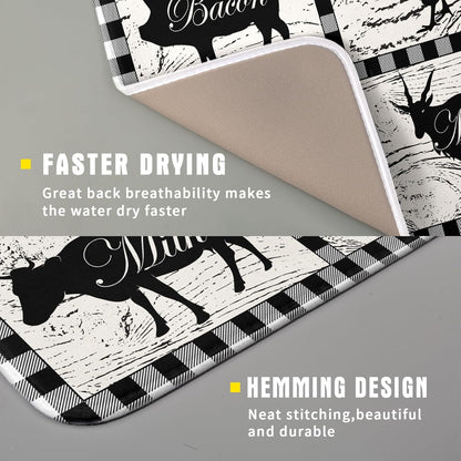 Farmhouse Animal Dish Drying Mat Buffalo Plaid Drainer Rack Mats Fast Dry Absorbent Kitchen Countertop Protector Dishes Pad 16x18 Inch