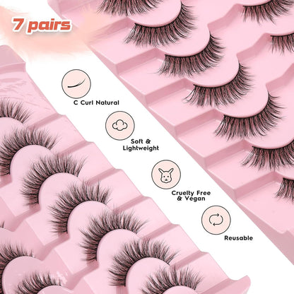 Eyelashes Natural Cat Eye Lashes 16mm Flase Eyelashes Flared Strip Lashes Fluffy False Lashes That Look Like Extensions C Curl Wispy Lashes Siligli Soft Lashes Pack 7 Pair