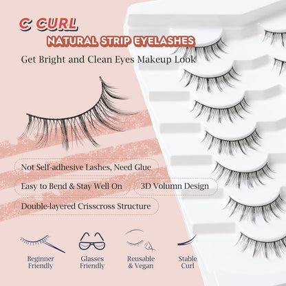 Manga Lashes Natural False Eyelashes 10MM Short Anime Lashes Thin Band Korean Lashes 3D Volume Strip Lashes Wispy Manhua Eyelashes 7 Pair Asian Lashes Siligli