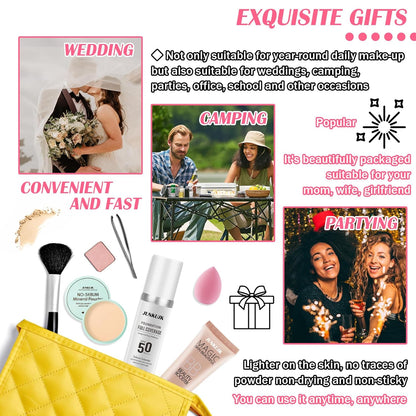 Color Changing Full Coverage Liquid Foundation Makeup Gift Set,Moisturizing BB Cream for Women,Flawless Loose Setting Powder Face Primer Base Makeup Kit With Make up Sponge