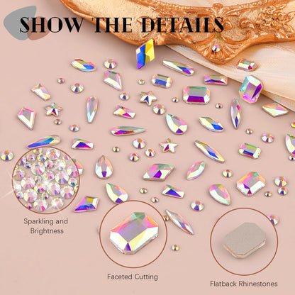 AB Glass Nail Rhinestones & Gems - 3220 Pcs Multi Shapes + 3100 Pcs Round Crystal with Glue Gel for Nail Art