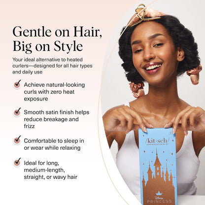 Disney & Kitsch Satin Heatless Hair Curler Set - Heatless Curls Overnight, Hair Rollers for Soft Curls & Frizz-Free Styling, No Heat Curlers To Sleep in, Curling Rod Headband - Princess Party