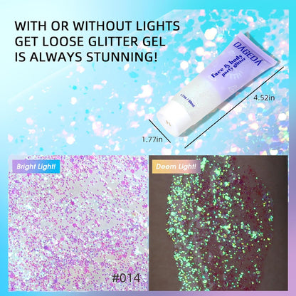 DAGEDA Body Glitter Gel, Holographic Face Glitters Body Gel Shimmer Liquid Eyeshadow, Color Changing Glitter for Face Hair Nails, Glitter Under Light Festival Glitter Makeup 1.7oz (Neno Pink)