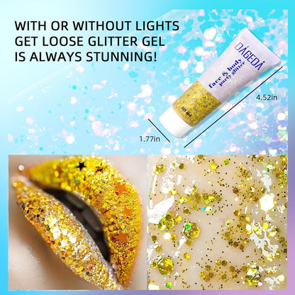 DAGEDA Body Glitter Gel, Face Glitters Body Gel Sequins Shimmer Liquid Eyeshadow, Chunky Glitter for Face Hair Nails, Holographic Cosmetic Laser Powder Festival Glitter Makeup 50ml(Gold