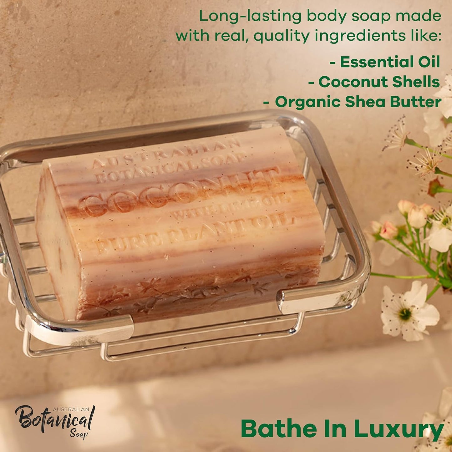 Australian Botanical Soap Coconut with Lime Oil 6.6 oz Triple Milled Luxury Soap Bar Enriched with Shea Butter, Coconut Shells, and Essential Oil, Pack of 1