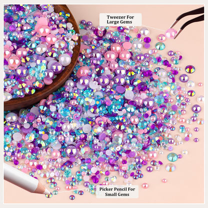 9000PCS Flatback Pearls and Rhinestones for Crafting, Pink Purple Mixed Size 3-10mm Resin Rhinestones and Half Pearls for Bedazzling, Nail Art and Decoration with Tweezer and Pickup Pencil