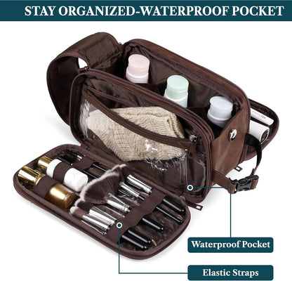 PAVILIA Large Toiletry Bag for Men Women, Mens Travel Bag Toiletries Organizer Case for Grooming, Travel Essentials Shaving Dopp Kit, PU Leather Water Resistant Cosmetic Pouch, Dark Brown