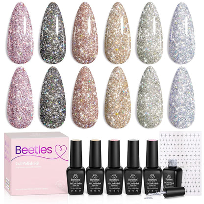 beetles Glitter Gel Polish - Diamond Shine 6 Colors Reflective Sparkle Gel Set, Silver Black Pink Gold Holographic Glitter Polish, with Nail Art Stickers Soak off Uv LED Manicure Gifts for Women