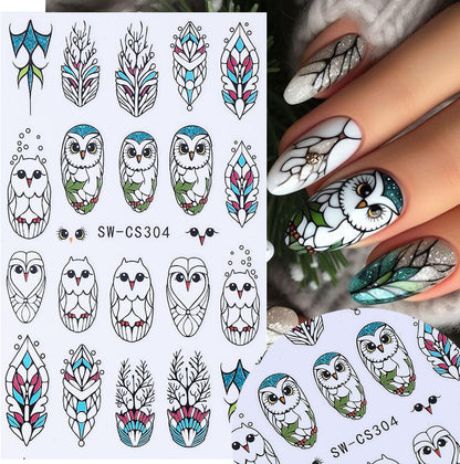 4pcs Christmas Nails Stickers Silver Glitter Leaves Line Owl Nail Art Design 3D Self-Adhesive Nail Decals Xmas Nail Sticker DIY Autumn Winter Manicure Art Supplies Decoration Accessories