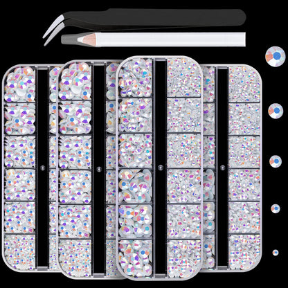 7000PCS Resin Rhinestones with Tweezers for Crafting, 2/3/4/5/6mm Flatback Jelly Rhinestones, 4 Box White AB Non Hotfix Crystal Gems for DIY Crafts Mugs Tumblers Clothes Makeup Nail