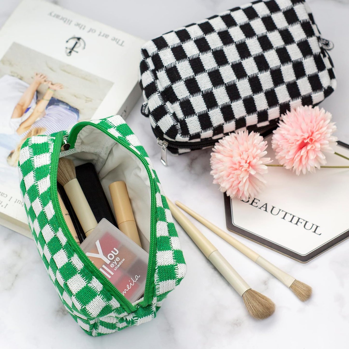 PAZIMIIK Checkered Makeup Bag for Purse Portable Zipper Make Up Pouch Small Cosmetic Case for Travel Accessories (2PCS Green)