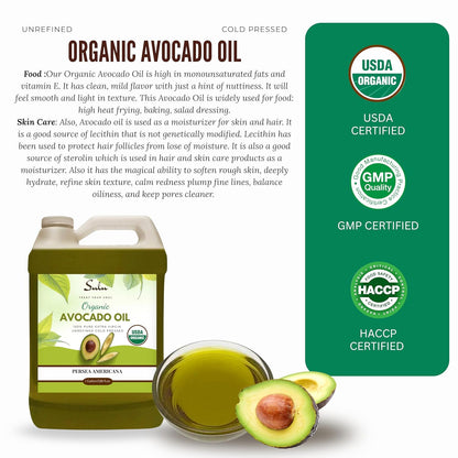 USDA Certified Organic Cold Pressed Unrefined Raw Avocado Oil - 1 Gallon/128 fl.oz