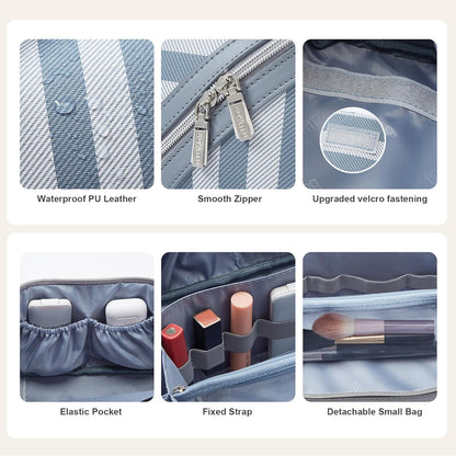 BOYATU Travel Makeup Bag for Women: Large Cosmetic Bag Set of 3 - PU Leather Make up Bag with Compartments - Compact Waterproof Toiletry Bag with Divider & Handle (A-02Blue)