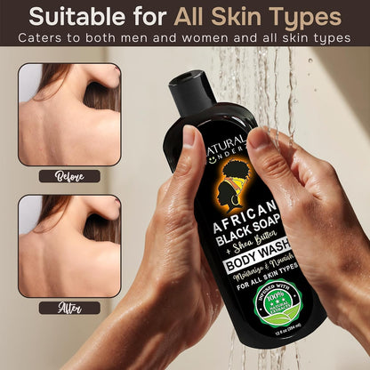 African Black Soap Body Wash, 12 oz – Sulfate‑Free, Vegan Cleanser with Shea Butter – Soothing, Detoxifying Shower Gel for Men & Women