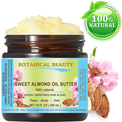 Botanical Beauty SWEET ALMOND OIL BUTTER Pure Natural Virgin Unrefined RAW for FACE, SKIN, BODY, DAMAGED HAIR, NAILS. (16 Fl Oz)