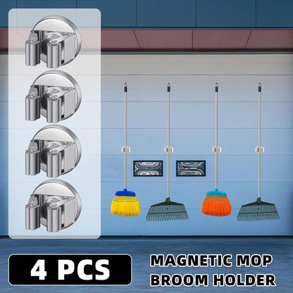 4 Pcs Magnetic Mop Broom Holder Movable Magnetic Broom Holder Rack, Anti Slip Wall Mounted Utility for Cleaning Tools, Garage, Kitchen, Laundry, Garden (Silver)