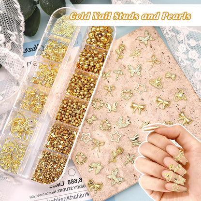 Cross Star Gold Nail Charms, 3D Cross Star Nail Charm Flower Bow Alloy Nail Art Charm, Gold Half Pearls Beads Gems for Nails Art Y2K Supplies