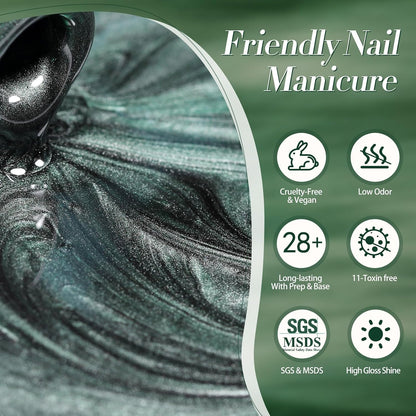 Born Pretty Cat Magnetic Gel Nail Polish, Retro Green Gel Polish Crystal Cat Holographic Magnetic Nail Polish Nail Art Manicure Salon DIY at Home 15ML