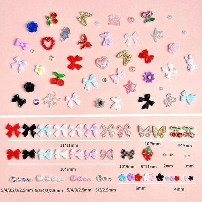 3D Flowers Nail Charms Y2K Kit, Metal Butterfly Cherry Colorful Bow Charms for Nails Art Gems, White and Pink Bows Pearls Charms for Nail Manicure DIY Crafts Jewelry Accessories