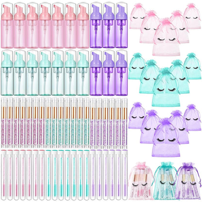 Zhehao 80 Pcs Lash Shampoo Bottle Brushes Kit 20 Foam Pump Dispensers 20 Lash Shampoo Brushes 20 Eyelash Aftercare Bag 20 Cleaning Pipes, Eyelash Extension Supplies (Mixed Colors)