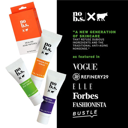 No B.S. (No Bad Stuff) Skincare Minis Kit, Vitamin C & E Serum with Hyaluronic Acid, Retinol Night Cream, Caffeine Eye Cream & Invisible, Waterproof Acne Patches, 4 Product Trial Size