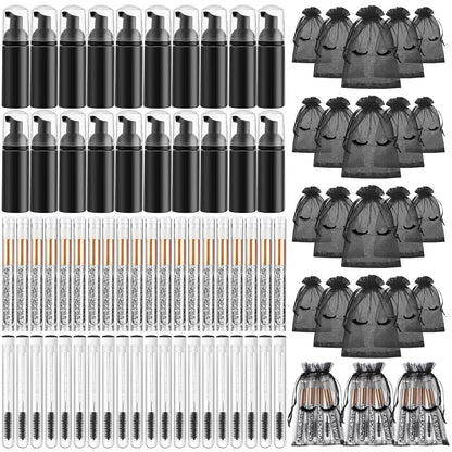 Zhehao 80 Pcs Lash Shampoo Bottle Brushes Kit 20 Foam Pump Dispensers 20 Lash Shampoo Brushes 20 Eyelash Aftercare Bag 20 Cleaning Pipes, Eyelash Extension Supplies(Black)