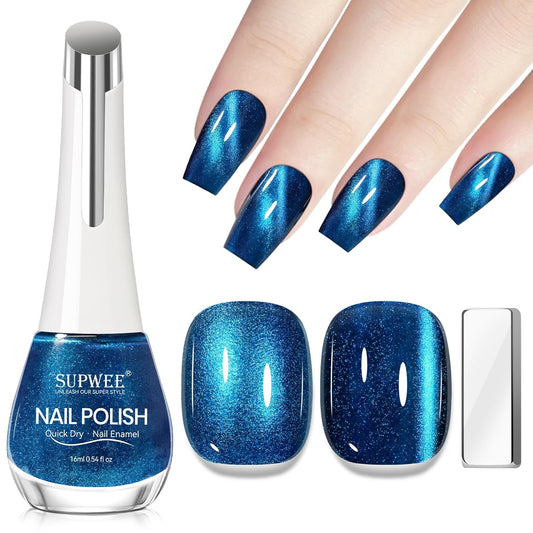 Blue Magnetic Nail Polish Non Gel Fast Dry Cat Eye Nail Polish for Fingernail Air Drying Fast Lacquer Manicure Gift For Women Girls 16ml, 0.54fl oz