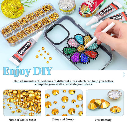 6000Pcs Resin Rhinestones for Bedazzling with 3Pcs B7000 Jewelry Glue, 1 Box Mine Gold Flatback Rhinestones for Crafting Crafts DIY, Crystals Gems for Clothing Shoes Tumblers Nail Art Makeup