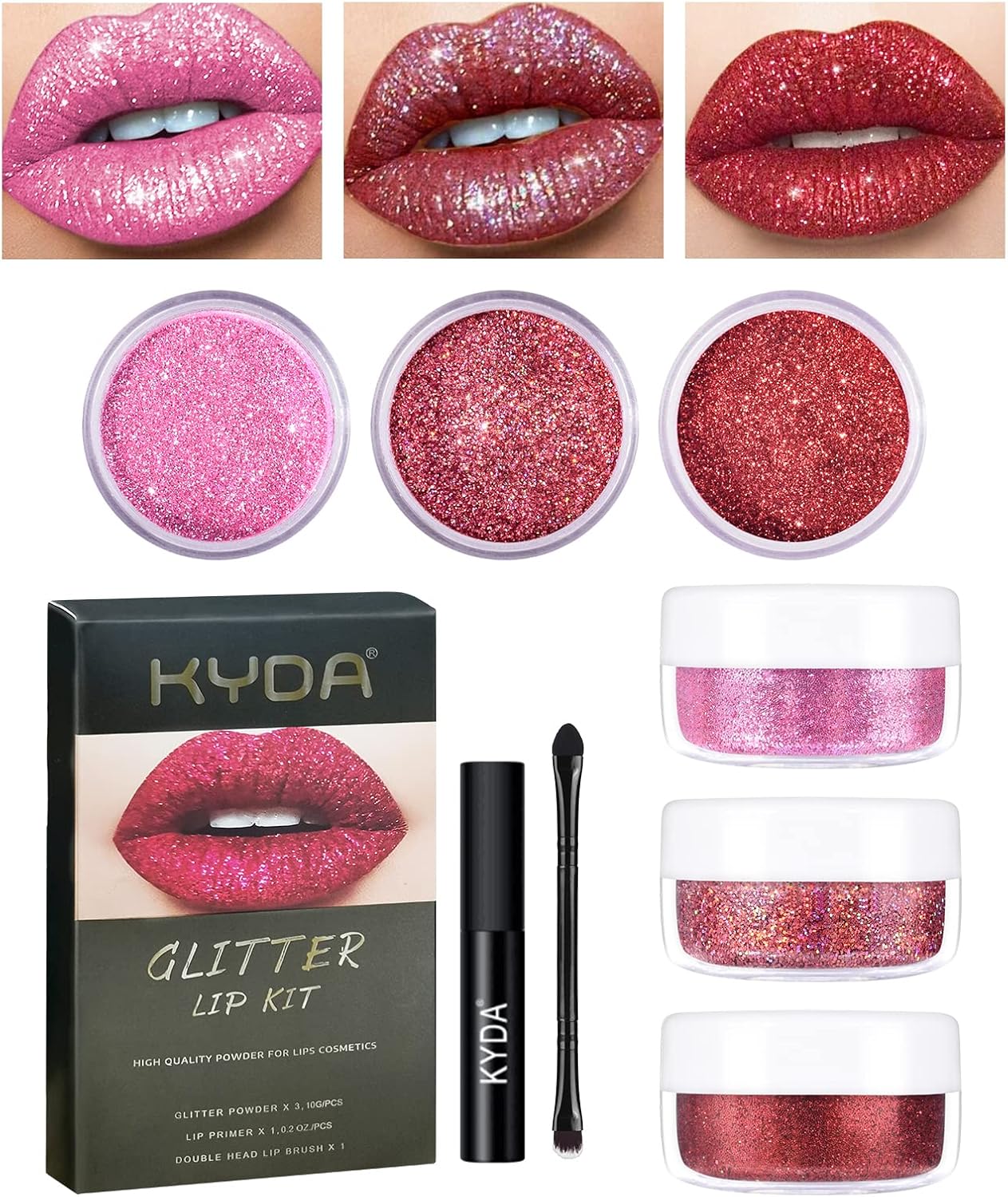 3 Colors Glitter Lip Kit, Diamond and Glitter Metallic Lip Powder with Lip Primer, Waterproof Long Lasting & Smudge Proof, Shimmer Sparkly Glitter Lip Cosmetic without Sticky Flake Off Set A