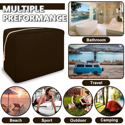 Large Makeup Bag Pouch,Nylon Women Travel Toiletry Storage Bag Preppy Cosmetic Bag for Girls,Big Makeup Organizer Bag Cute Zipper Pouch Skincare Bag for Sport Work Gift(Large-Chocolate)