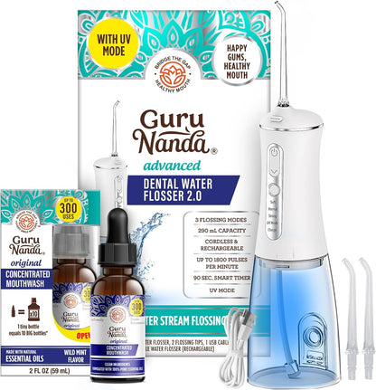 GuruNanda Advanced Water Flosser 2.0 with UV Mode & Concentrated Mouthwash Duo - Fresh Breath & Thorough Plaque Removal for a Brighter Smile