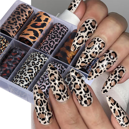 10 Rolls Leopard Print Nail Foil Transfer Stickers Autumn Winter Nails Decoration Self Adhesive Leopard Nail Foils Transfer Nail Art Animal Print Nails Supplies for Women DIY Manicure Accessories