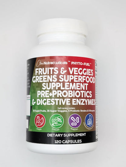Clean Nutraceuticals Fruits and Veggies Supplement Reds & Green Superfood - Balance of Over 70 Fruit & Vegetable Supplements Capsules with Probiotics Prebiotics Digestive Enzymes - 120 Ct USA