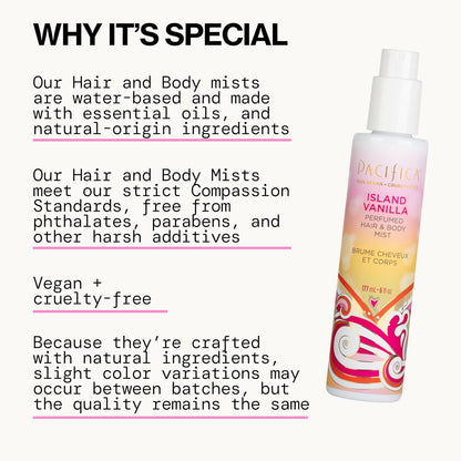 Pacifica Island Vanilla Hair Mist Perfume and Full Body Spray for Women - Fragrance Spray for A Mood-Lifting Experience, Paraben-Free, Clean Beauty No Alcohol, Vegan & Cruelty-Free, 6 oz oz