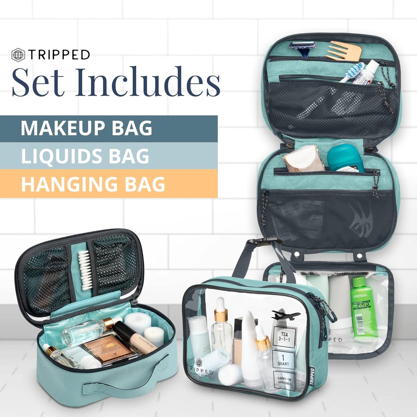 Toiletry Bag Kit Set: Hanging Travel Toiletry Bag + 311 TSA Cosmetic Liquid Bag + Ultralight Accessory Organizer Pouch