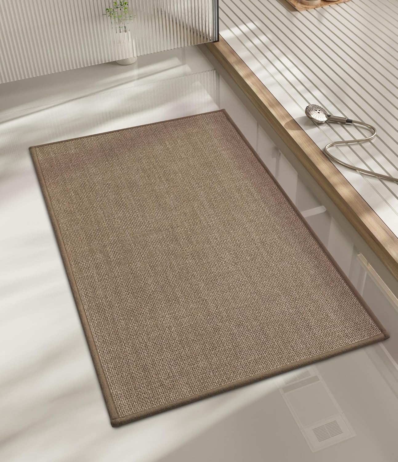 chakme Bathroom Rugs Mat 32x17, Ultra Thin Non Slip Bath Mat Quick Dry Absorbent Bath Mat for Bathroom Floor, (Dark Beige, 32"x17")