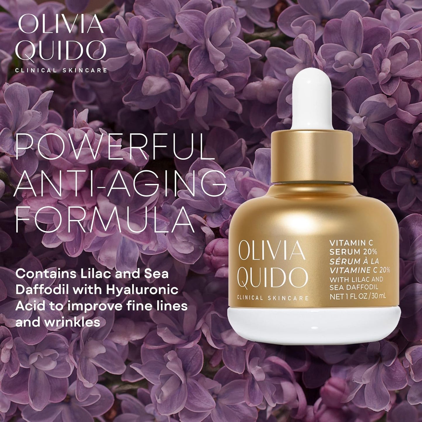 OLIVIA QUIDO Skincare Vitamin C Serum 20% with Lilac & Sea Daffodil 3.6oz | Hydrating, Skin-Brightening, & Anti-Aging | Vitamin C & Hyaluronic Acid Serum for the Face with Natural Botanicals