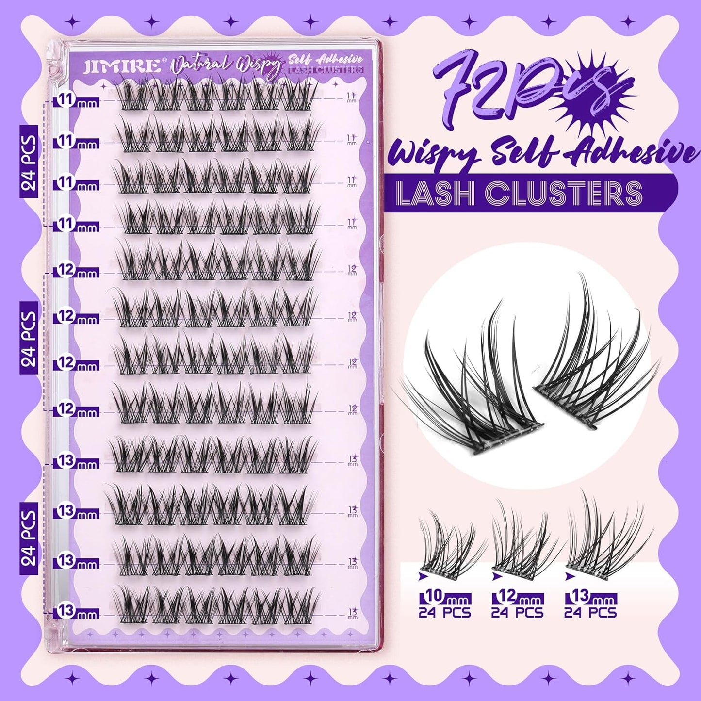 JIMIRE Self Adhesive Eyelashes Manga Lash Clusters Natural Look 11-13MM Wispy Pre Glued Lashes Clusters No Glue Needed Press on Lashes Reusable Invisible Band Fluffy Cluster Eyelash Extensions