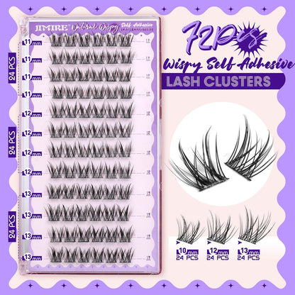 JIMIRE Self Adhesive Eyelashes Manga Lash Clusters Natural Look 11-13MM Wispy Pre Glued Lashes Clusters No Glue Needed Press on Lashes Reusable Invisible Band Fluffy Cluster Eyelash Extensions