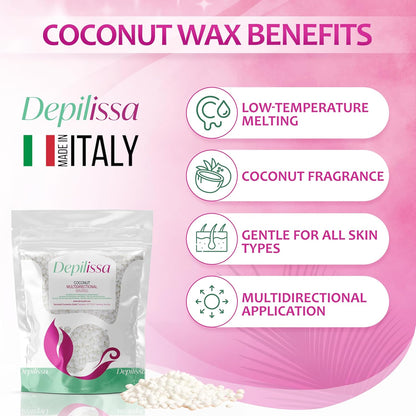 Multidirectional Coconut Wax beads for hair removal - Hypoallergenic, Gentle, and Effective for All Skin Types, Ideal for Face, Eyebrows, Bikini Area, and Brazilian Waxing - 14.1 oz