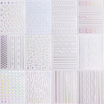 12 Sheets Star Nail Stickers Decals Silver Heart Nail Stickers Geometric Line Nail Decals for Nail Art 3D Self Adhesive Holographic Stripe Nail Designs for Women Nail Art Supplies Decorations