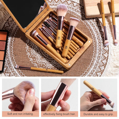 BS-MALL Travel Makeup Brush Set Kabuki Brushes Bamboo- Includes Eyeshadow Blush Brush & Foundation Brush For Liquid Makeup - 5X Magnifier Bamboo Mirror Case For Travel or On the Car Daily Use