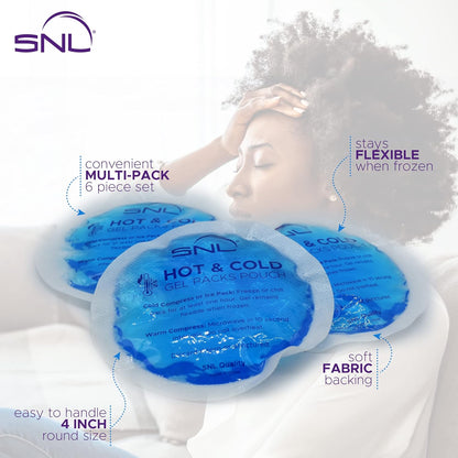 SNL Quality Hot & Ice Packs [6 Gel Packs], Reusable, Round, Soft Fabric Backing, for Breastfeeding, Pain Relief, First Aid - Includes: Wrap Sleeve for Hands-Free Application, Storage Bag