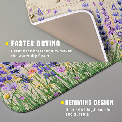 Lavender Floral Dish Drying Mat 16x18 inch Spring Summer Flower Decorative Fast Dry Dishes Drainer Mats Reversible Washable Dish Rack Pad