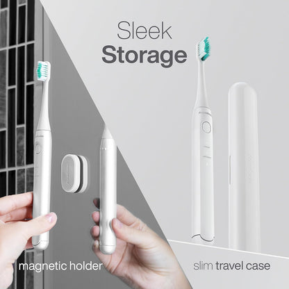 Aquasonic Icon ADA-Accepted Rechargeable Toothbrush | Magnetic Holder & Slim Travel Case | 2 Brushing Modes & Smart Timers | Gentle Micro-Vibrations (Pearl)