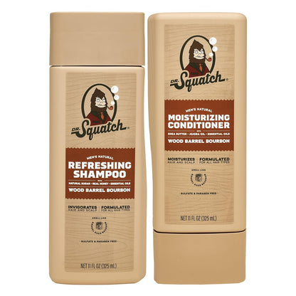Dr. Squatch Natural Hair Bundle for Men - Healthy, Full Looking Hair - Wood Barrel Bourbon Shampoo (11 fl oz), Wood Barrel Bourbon Conditioner (11 fl oz)