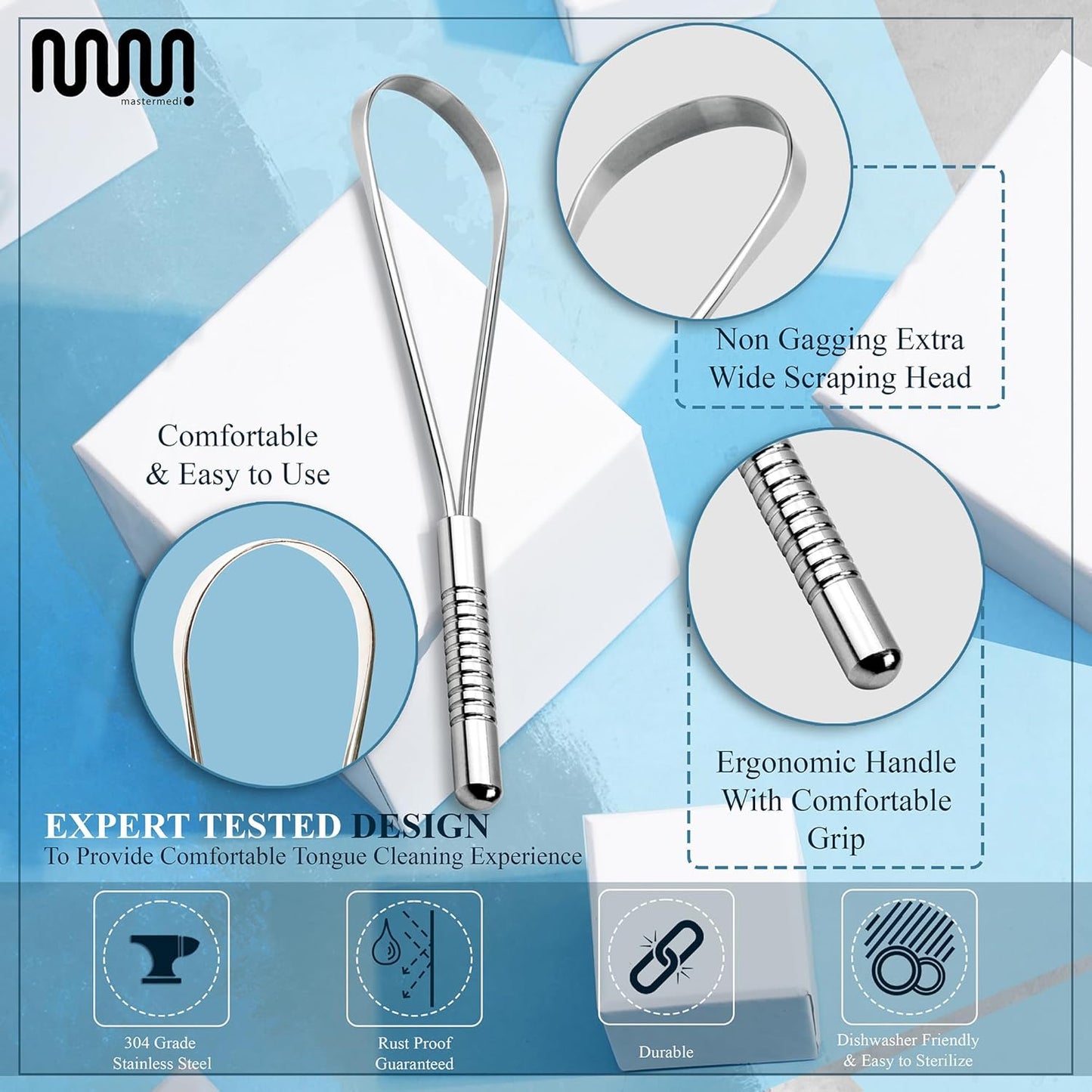 MasterMedi Tongue Scraper for Adults, 100% Stainless Steel Tongue Scrubber for Bad Breath, Easy to Use, Tongue Cleaner for Oral Care & Hygiene (SS Uni|Pack of 2)