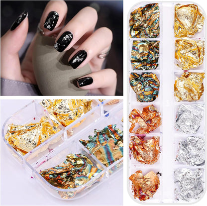 5 Boxes 60 Colors Holographic Nail Glitter Foils Kit, Nail Foil Flakes Laser, 3D Irregular Thin Foil Nail Art Flakes Design Nail Sequins Supplies for Manicure Body Makeup Craft DIY