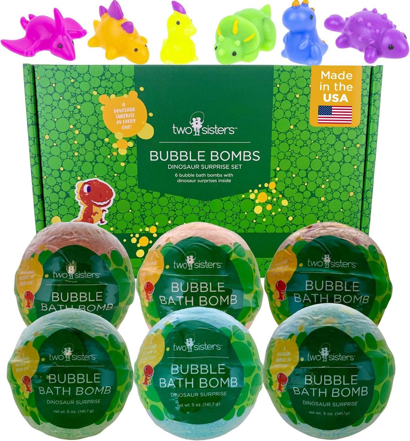 Dinosaur Bath Bombs for Kids with Surprise Dino Toys Inside (6 Pack) - Large Bubble Bath Bombs, Gentle and Safe, Made in USA, Gift Ideas for Boys, Girls and Teens by Two Sisters
