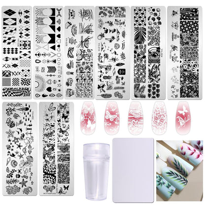 AddFavor Nail Stamper Kit 8pcs Nail Stamping Plates Flower Leaves Geometric Butterfly Image Nail Stencils with Silicone Stamp and Scraper for Women Girls Summer Nail Art Design Supplies Tools